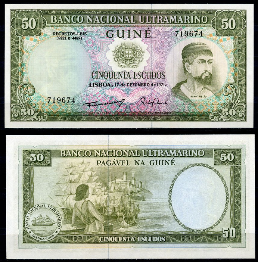 Португальская Гвинея 50 эскудо 1971 Нуну Триштан, корабль, женщина Pick 44 a (2)  бумага  UNC (пресс) 448-138-1