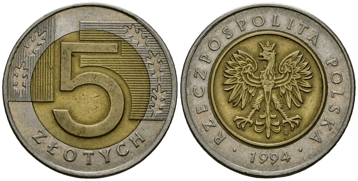 Польша 5 злотых 1994 MW KM 284 биметалл 4138-454