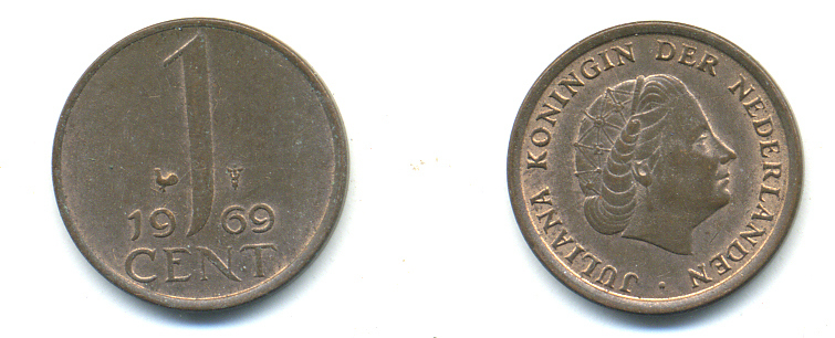 НИДЕРЛАНДЫ 1 ЦЕНТ 1969 ЮЛИАНА KM 180 бронза 83-942
