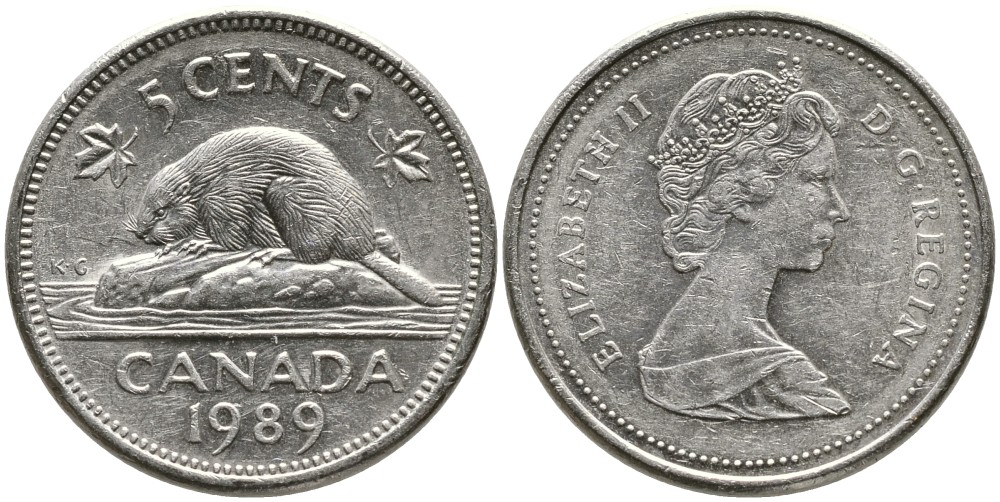 Канада 5 центов 1989 Елизавета II (1952-2022), бобер KM 60.1 никель 4543-636