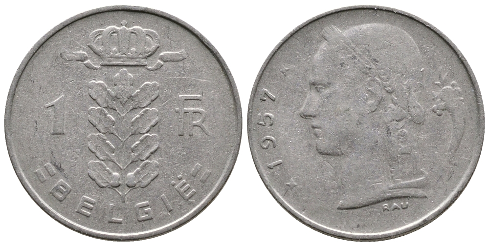 БЕЛЬГИЯ 1 ФРАНК 1957 BELGIE KM 143.1 медно-никель 4381-442