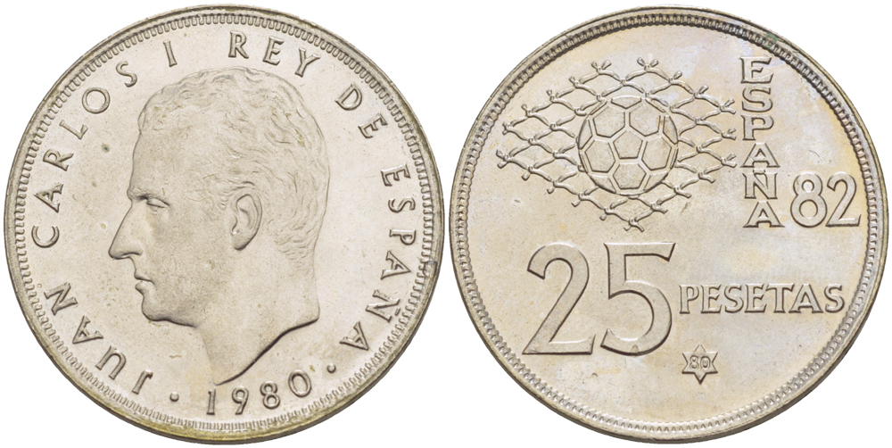 Испания 25 песет 1980 (80) чемпионат мира по футболу в Испании 1982 года, Хуан Карлос I ( 1975-) KM 818 медно-никель UNC 4185-816