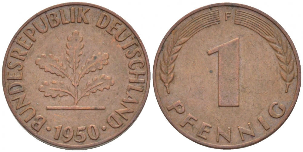 ФРГ 1 ПФЕННИГ 1950 F KM 105, J.380 сталь плакированная медью 112-927