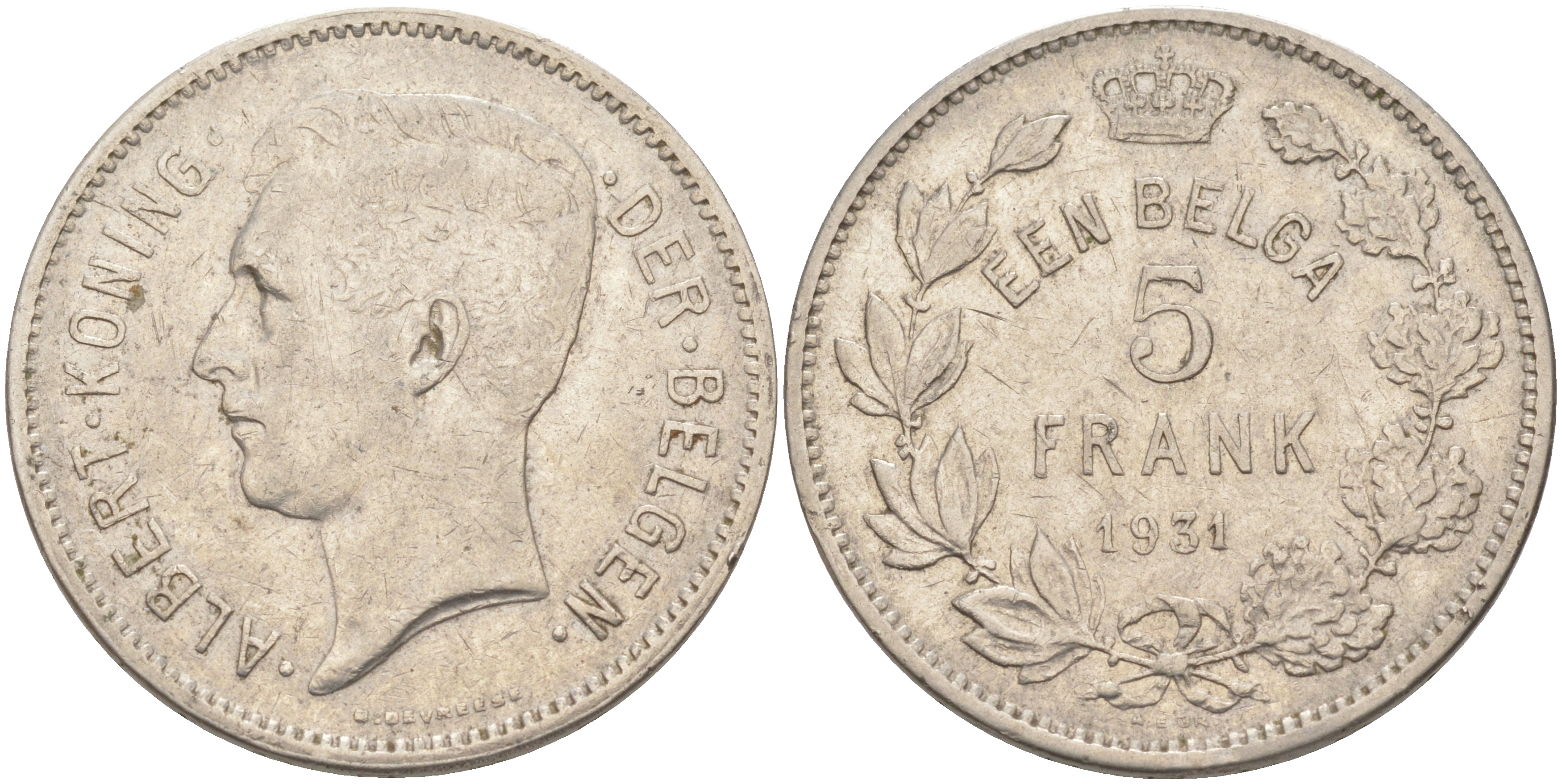 БЕЛЬГИЯ 5 ФРАНКОВ 1931 BELGEN KM 98 никель 4111-221