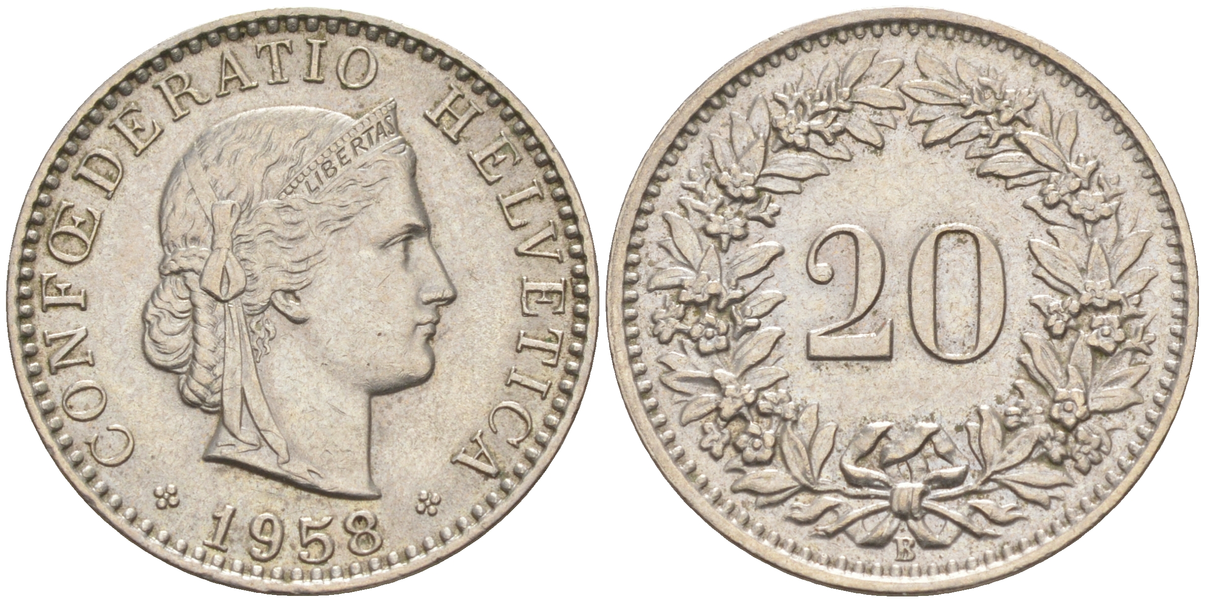 ШВЕЙЦАРИЯ 20 РАППЕНОВ 1958 В KM 29а медно-никель 190-451