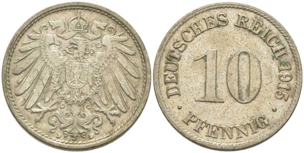 ГЕРМАНИЯ 10 ПФЕННИГОВ 1915 D KM 12, J. 13, Weege 8 медно-никель 212-316