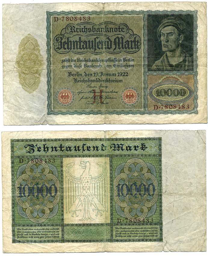 ГЕРМАНИЯ 10000 МАРОК 1922 19 ЯНВАРЯ 1922, серия D, литера H Pick 70, Розенберг 68а бумага 444-18-1-1