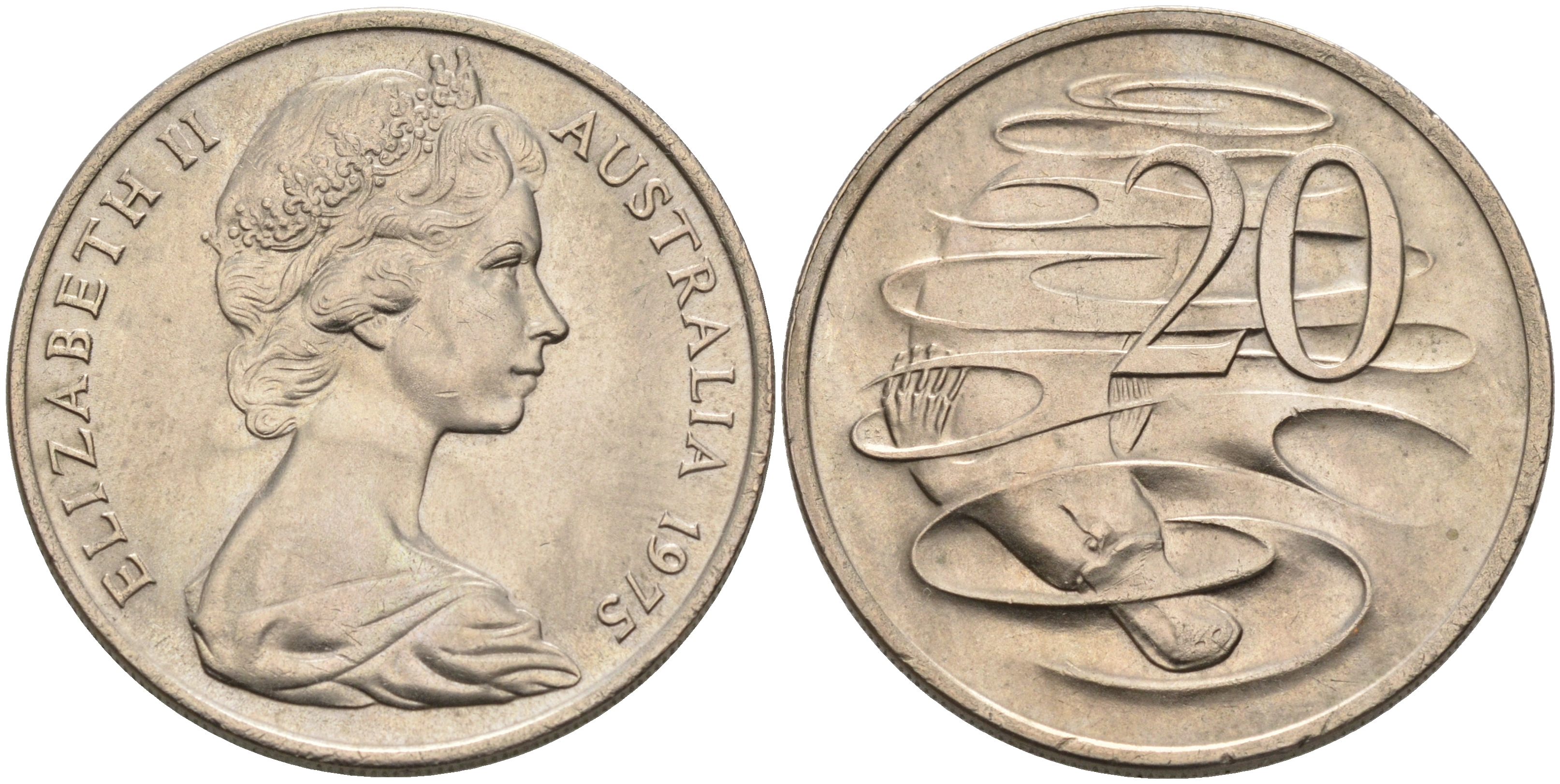 Австралия 20 центов 1975 Елизавета II (1952-2022), утконос KM 66 медно-никель UNC 4565-823