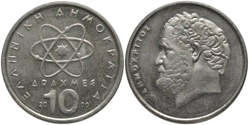 Греция 10 драхм 2000 Демокрит KM 132 медно-никель UNC 181-916