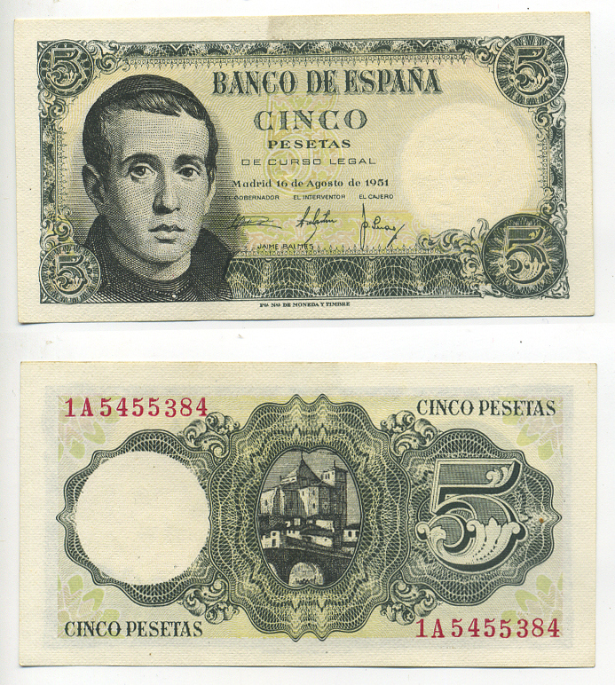 ИСПАНИЯ 5 ПЕСЕТ 1951 16 АВГУСТА 1951, ХАЙМЕ БАЛЬМЕС Pick 140a бумага UNC (ПРЕСС) 6278-10-1