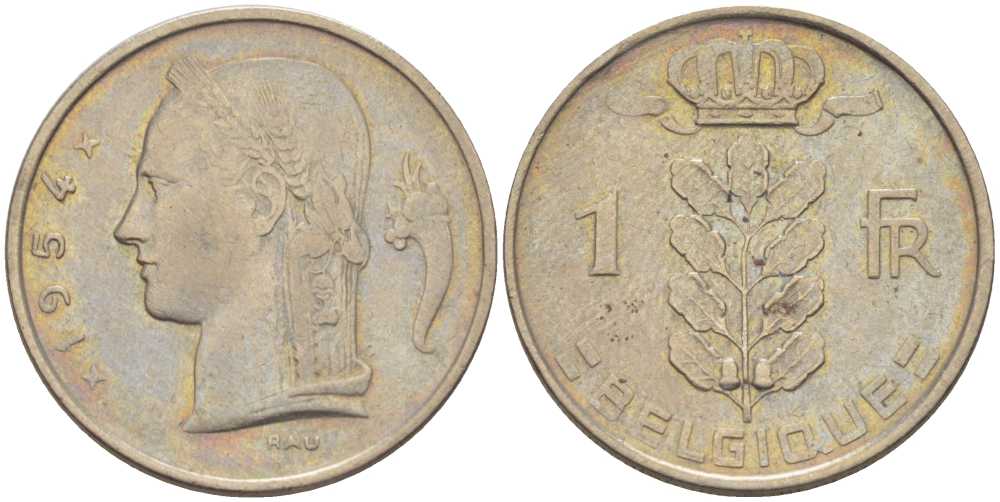 БЕЛЬГИЯ 1 ФРАНК 1954 BELGIQUE, БОДУЭН I (1951-1993) KM 142.1 медно-никель 202-951