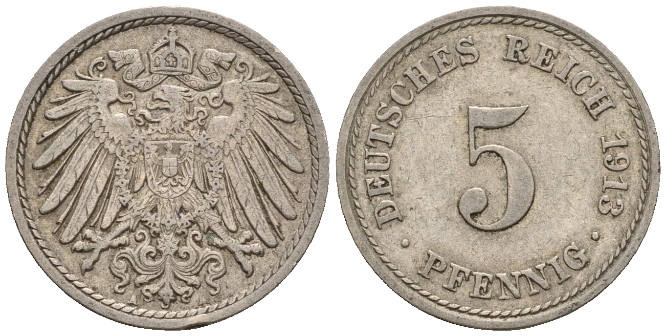 Германия 5 пфеннигов 1913 A, KM 11, J. 12 медно-никель 220-713