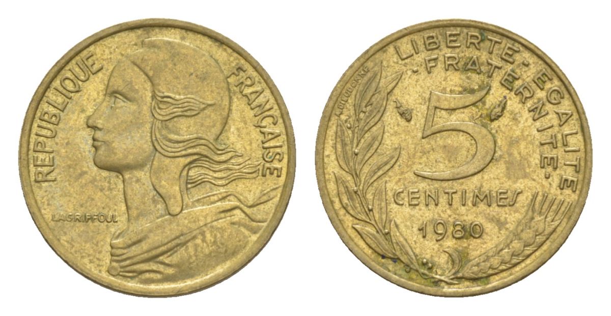Франция 5 сантимов 1980 тип Morlon KM 933, Le Franc 125.16 алюминиевая бронза 4630-335