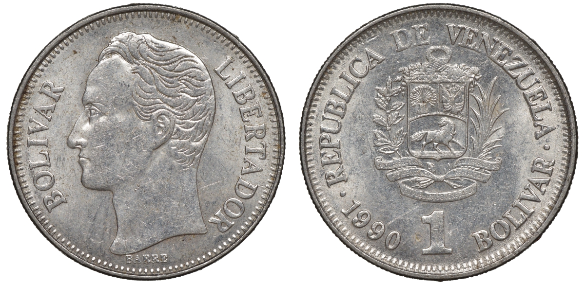 Венесуэла 1 боливар 1990 Y 52 a сталь плакированная никелем 4606-541