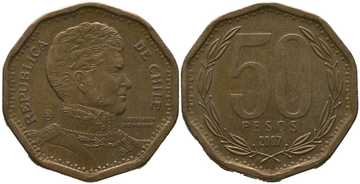 Чили 50 песо 2007 KM 219.2, Schon 70 алюминиевая бронза 4544-425