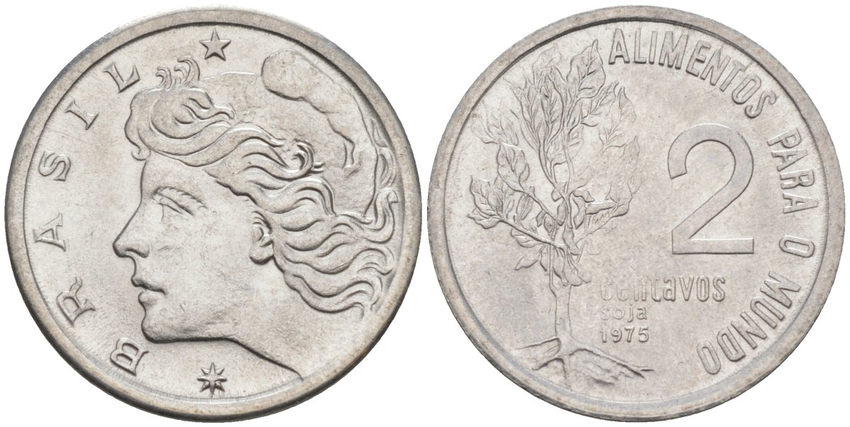 БРАЗИЛИЯ 2 СЕНТАВО 1975 FAO, ГОЛОВА СВОБОДЫ ВЛЕВО KM 586 нержавеющая сталь 187-531