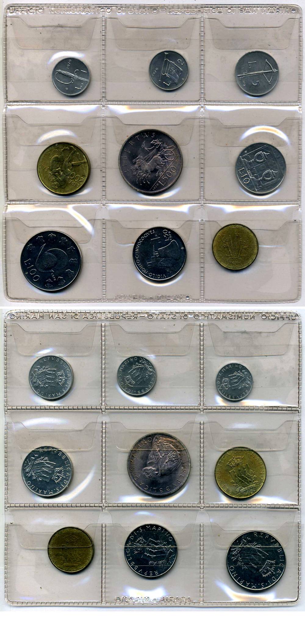 Сан-Марино годовой набор из 9 монет 1979 1, 2, 5, 10, 20, 50, 100, 200 и 500 лир KM 89-98, в оригинальной пластиковой запайке MS14   UNC  00-00