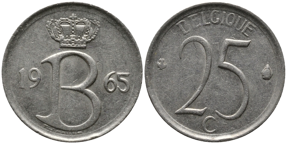 Бельгия 25 сантимов 1965 Belgique, Бодуэн I (1951-1993) KM 153.1 медно-никель 99-415