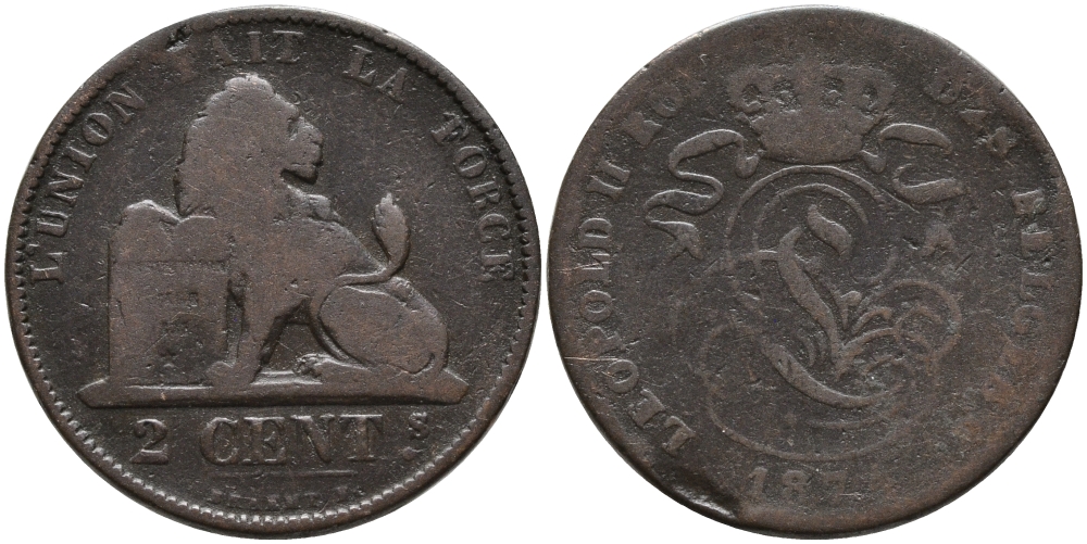 БЕЛЬГИЯ 2 САНТИМА 1874 BELGES KM 35.1 медь 4397-141