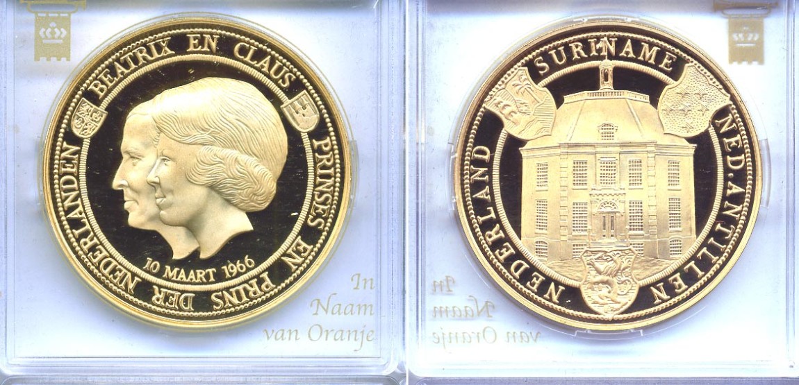 НИДЕРЛАНДЫ МЕДАЛЬ ND 10 МАРТА 1966 ГОДА СВАДЬБА ПРИНЦЕССЫ БЕАТРИКС И КЛАУСА бронза, позолота PROOF 5-3-1-93