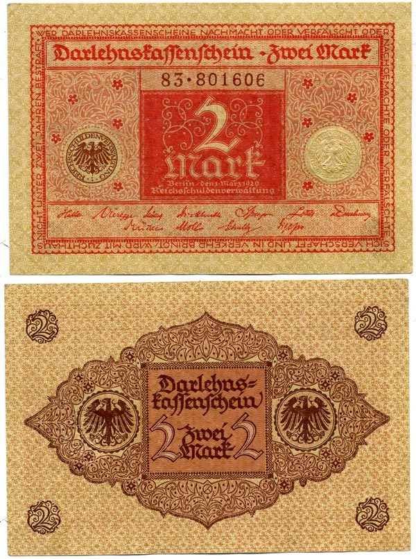 ГЕРМАНИЯ 2 МАРКИ 1920 1 МАРТА 1920, ВЕЙМАРСКАЯ РЕСПУБЛИКА, КРАСНАЯ, СЕРИЯ 83 Pick 59, Rosenberg 65b бумага 7523-1-1-1