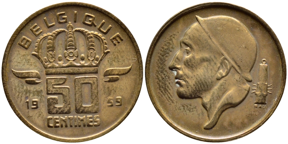 БЕЛЬГИЯ 50 САНТИМОВ 1959 BELGIQUE KM 148.1 бронза 4392-829