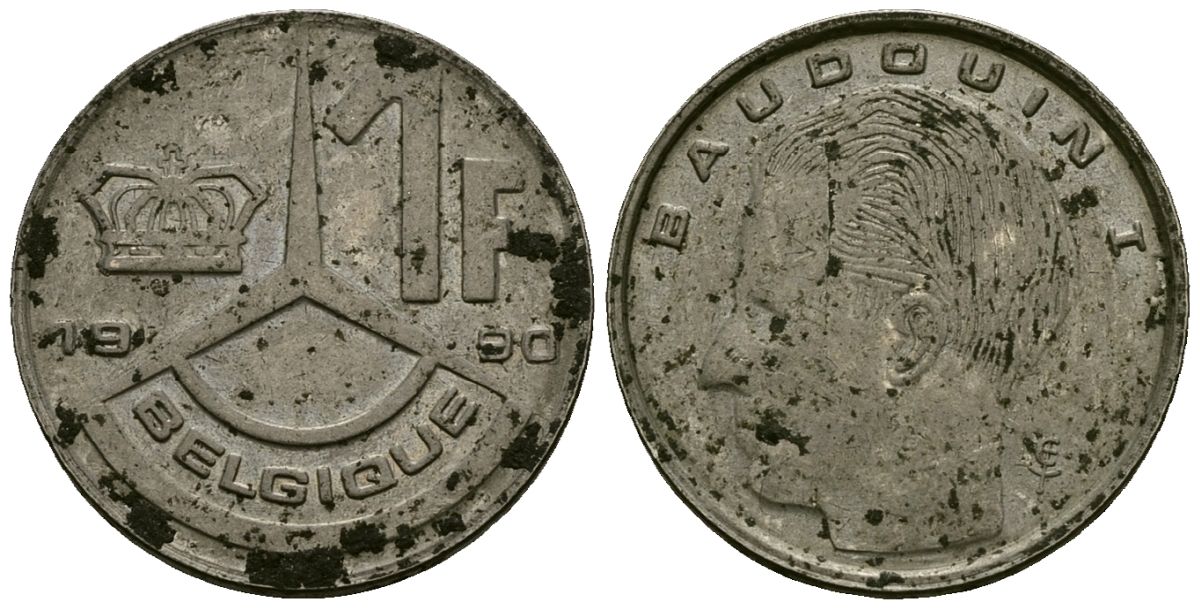 Бельгия 1 франк 1990 Belgique, Бодуэн I (1951-1993) KM 170 нержавеющая сталь 4136-738