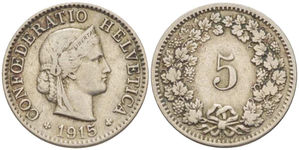 ШВЕЙЦАРИЯ 5 РАППЕНОВ 1915 В KM 26 медно-никель 3955-1131