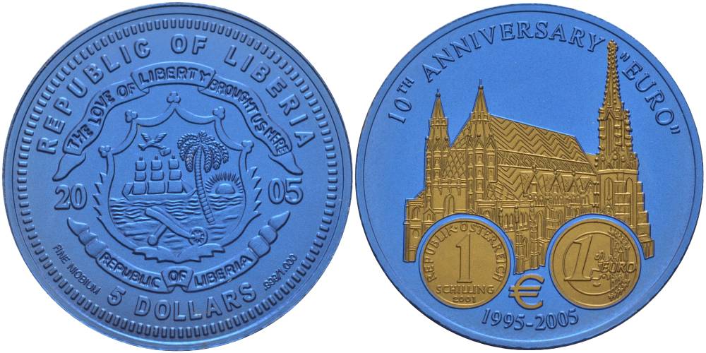 Либерия 5 долларов 2005 10 лет евро, страны еврозоны, Австрия, с сертификатом, би-колор (два цвета), вес 7,78 гр., диаметр 35 мм.  ниобий  UNC  00-00
