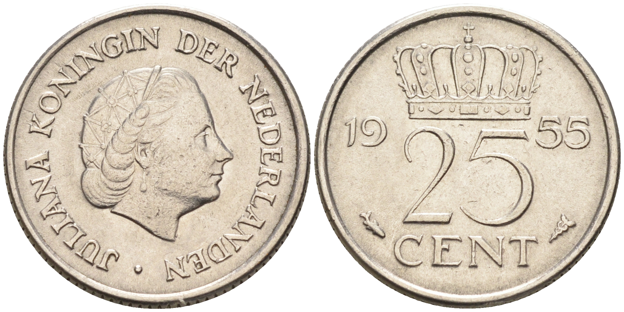 Нидерланды 25 центов 1955 Юлиана (1949-1980) KM 183 никель    4174-643