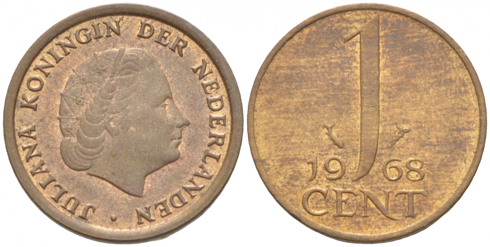 НИДЕРЛАНДЫ 1 ЦЕНТ 1968 ЮЛИАНА KM 180 бронза 3955-442