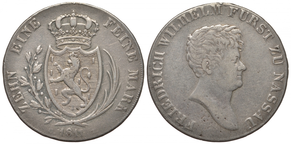 Нассау 1 талер 1811 СТ, Фридрих Вильгельм (1788-1816) KM 33b, Jaeger 26, Thun 222, AKS 32, Kahnt 303 серебро 00-000-00