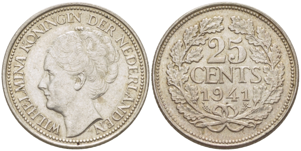 Нидерланды 25 центов 1941 Вильгельмина (1890-1948) KM 164 серебро aUNC 66-1147
