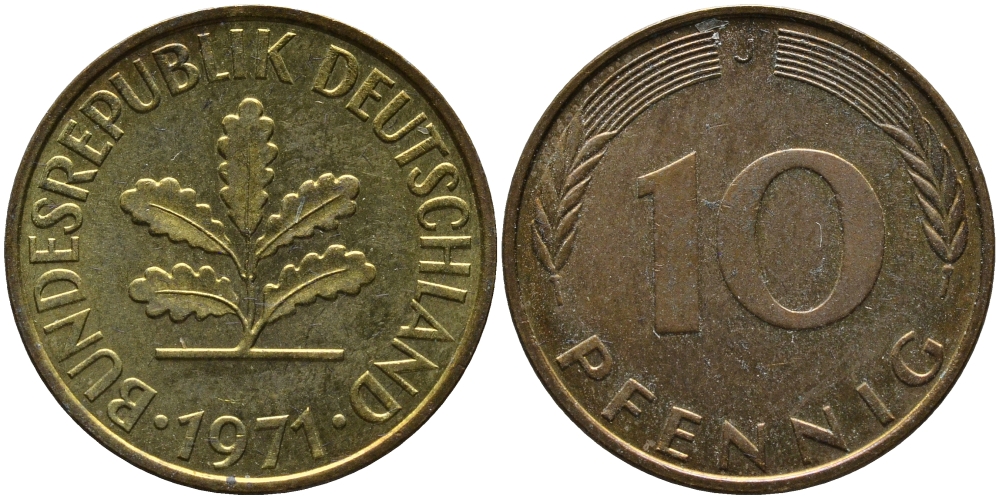 ФРГ 10 ПФЕННИГОВ 1971 J KM 108, J.383 сталь плакированная латунью 98-442
