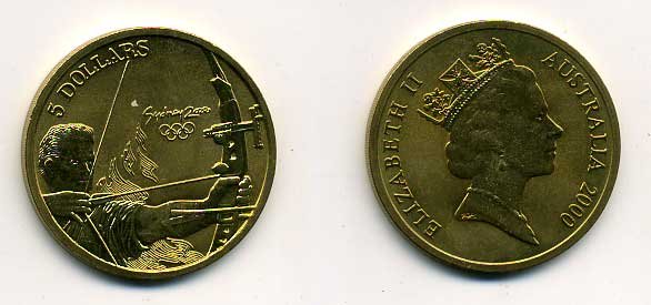 АВСТРАЛИЯ 5 ДОЛЛАРОВ 2000 (1997) ОЛИМПИАДА В СИДНЕЕ, СТРЕЛЬБА ИЗ ЛУКА KM 359 алюминиевая бронза UNC 58-934