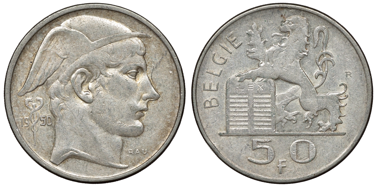 Бельгия 50 франков 1950 Belgie, Лоепольд III (1934-1950) KM 137 серебро    4117-544