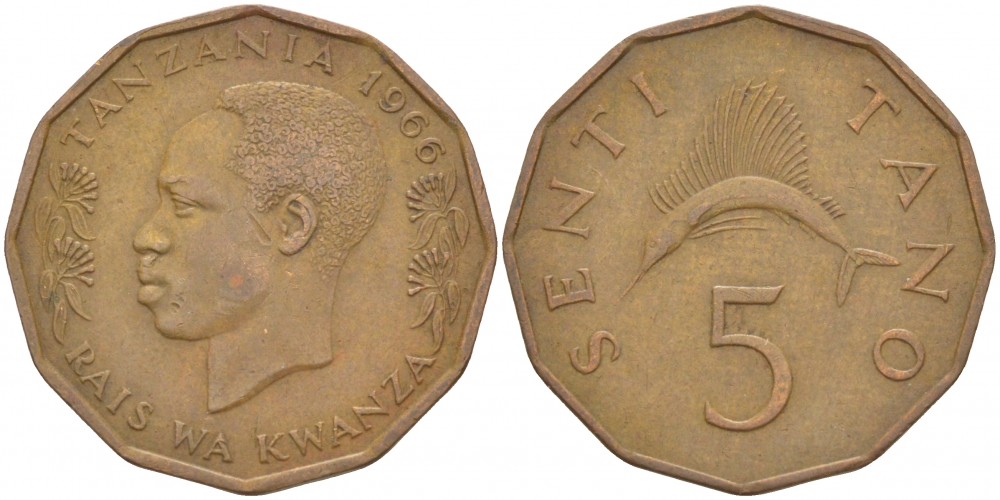 ТАНЗАНИЯ 5 СЕНТИ 1966 KM 1 бронза 3457-751