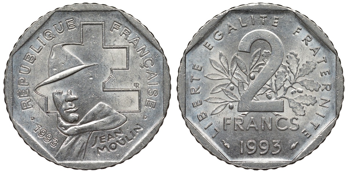 Франция 2 франка 1993 Жан Мулен, 50 лет Национальному движению сопротивления KM 1062, Le Franc 273.2 никель 4123-441