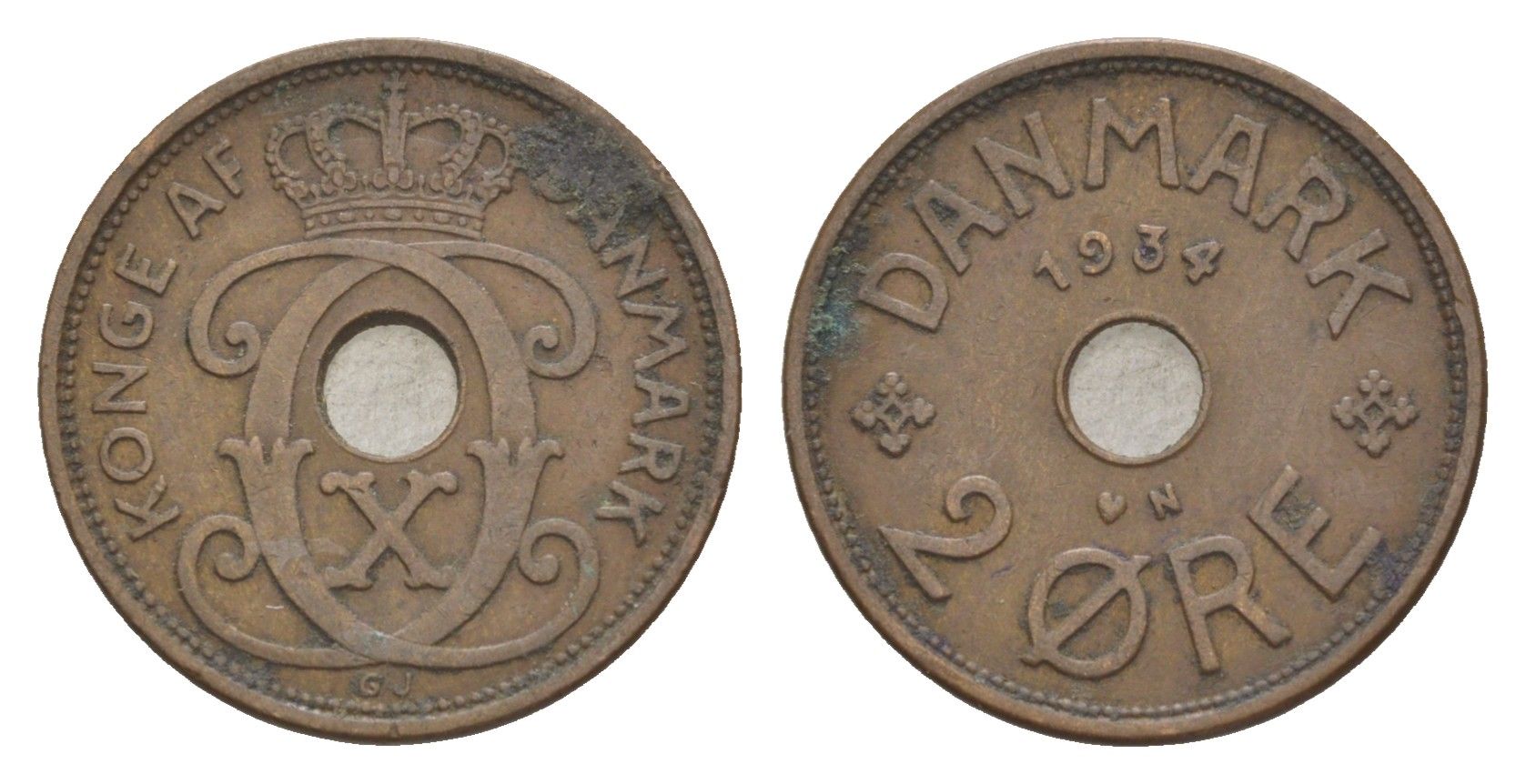 Дания 2 эре 1934 N, Кристиан X (1912-1947) KM 827 бронза 4639-747