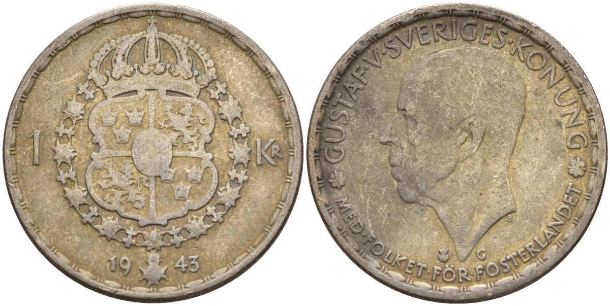 Швеция 1 крона 1943 G, Густав V (1907-1950) KM 814 серебро 4148-957