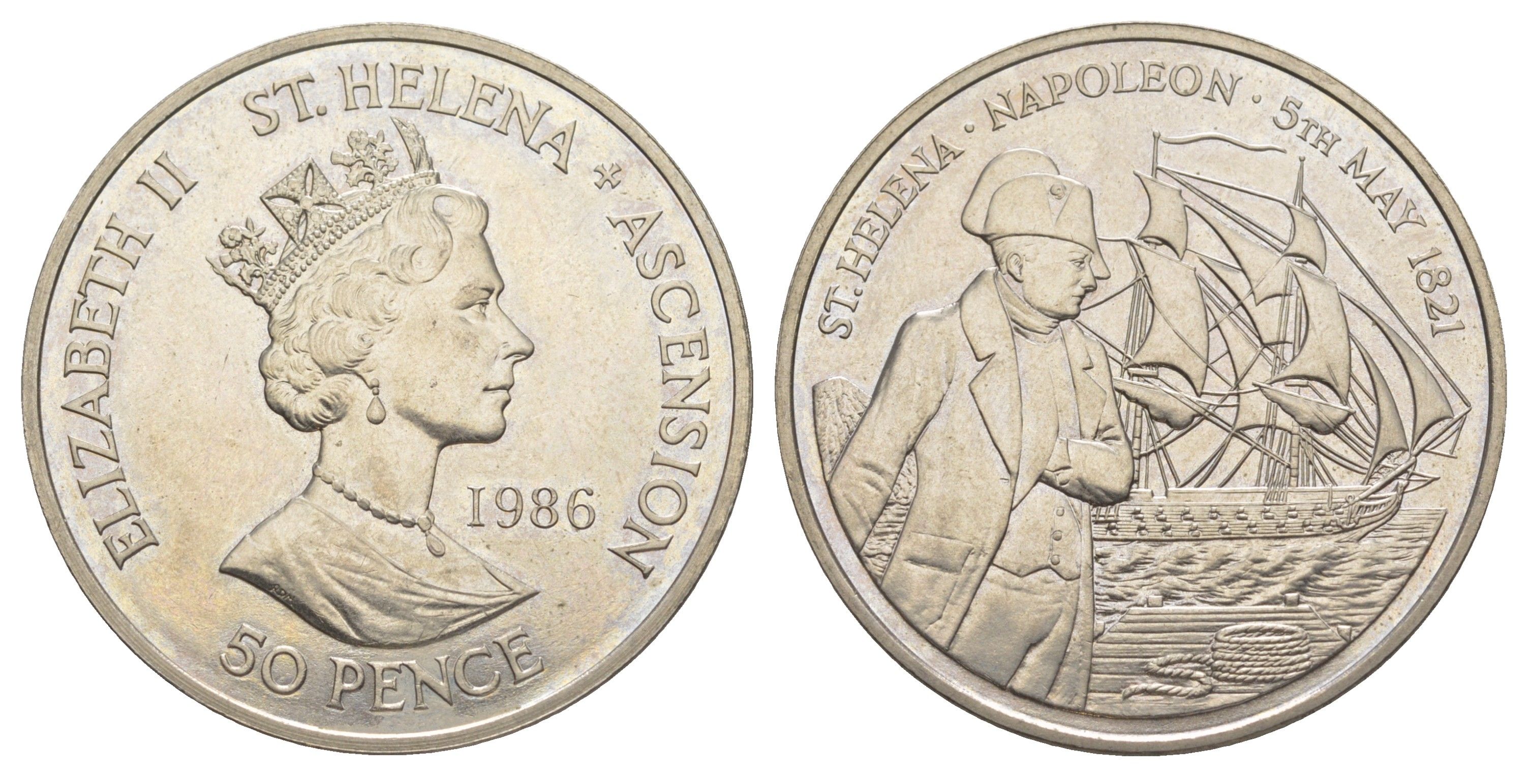Острова Святой Елены 50 пенсов 1986 смерть Наполеона на острове - 5 мая 1821 KM 8 медно-никель UNC 4184-715