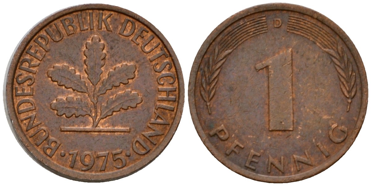 ФРГ 1 пфенниг 1975 D KM 105, J.380 сталь плакированная медью 4602-756