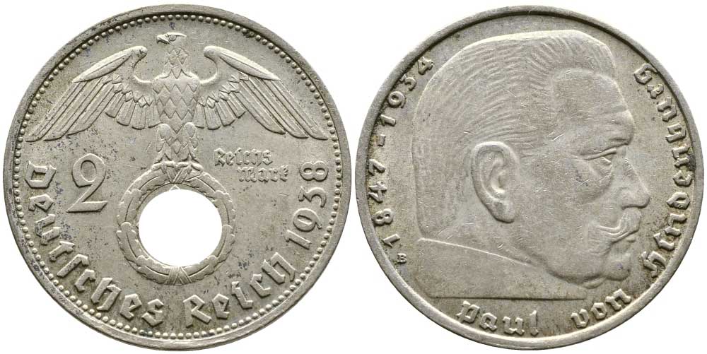 Германия 2 рейхсмарки 1938 В, Гинденбург, символика KM 93, J.366 серебро 87-257