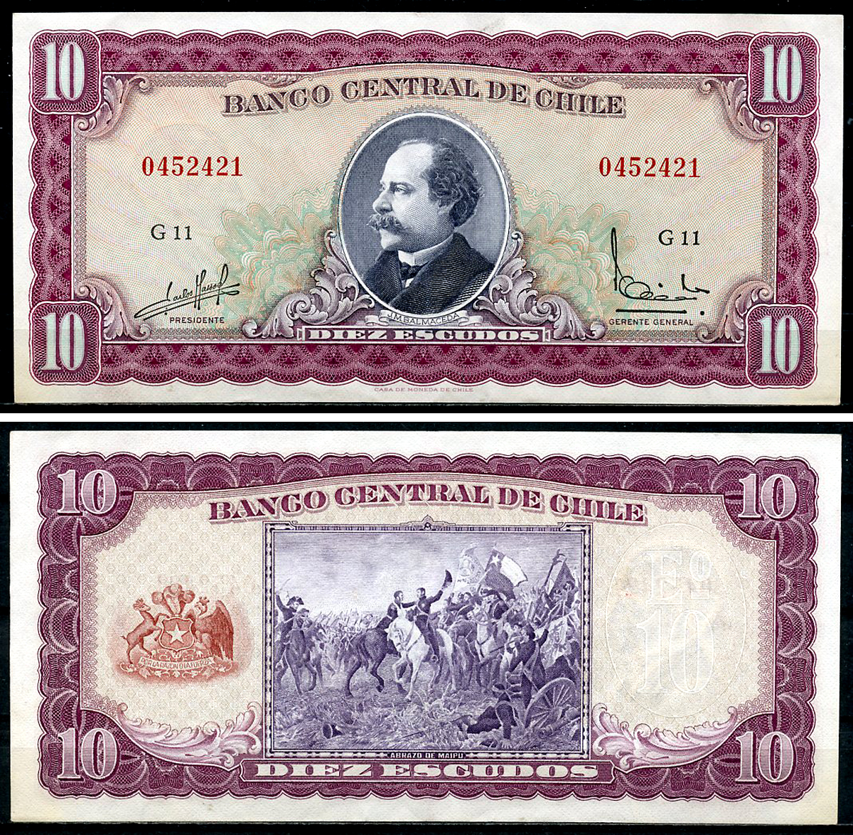 Чили 10 эскудо ND (1962-1975) Хосе Мануэль Бальмаседа Pick 139 a (3)  бумага  6294-87-1-1