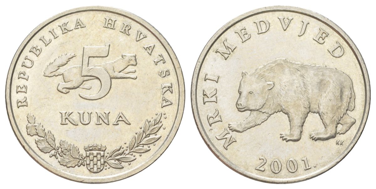 Хорватия 5 кун 2001 бурый медведь, легенда на хорватском KM 11 медь цинк никель aUNC 4624-455