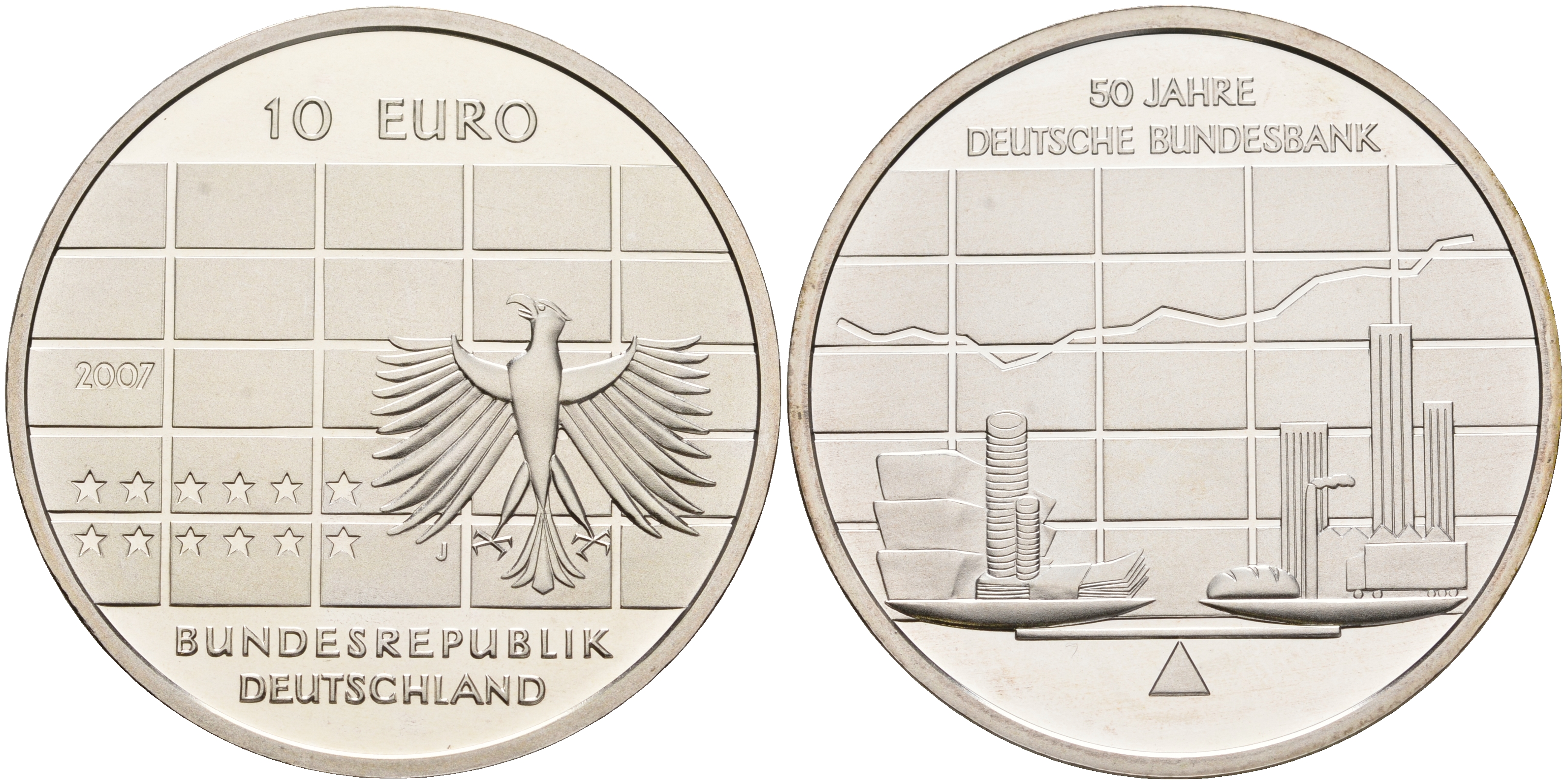 ФРГ 10 евро 2007 J, 50 лет Бундесбанку KM 266, DE.S. 10.32 серебро PROOF 1076-3-72