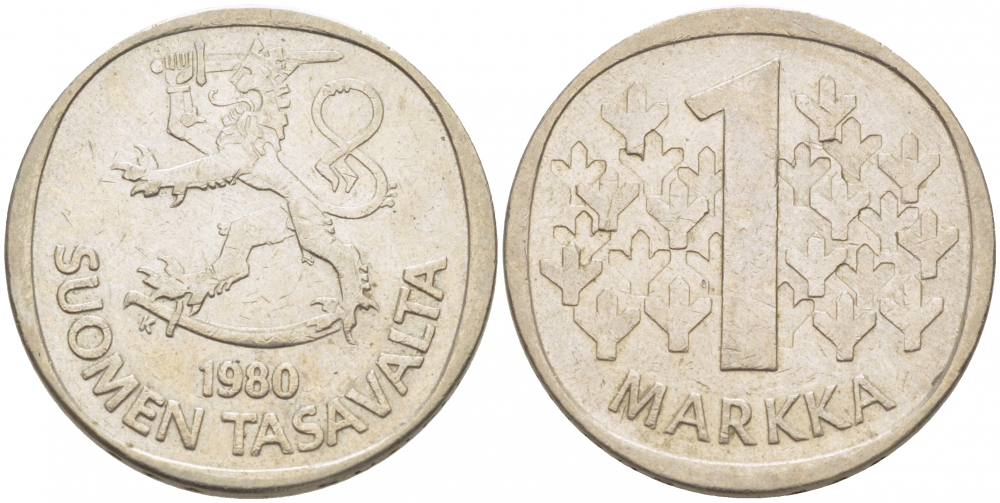 ФИНЛЯНДИЯ 1 МАРКА 1980 K KM 49а медно-никель 3718-855