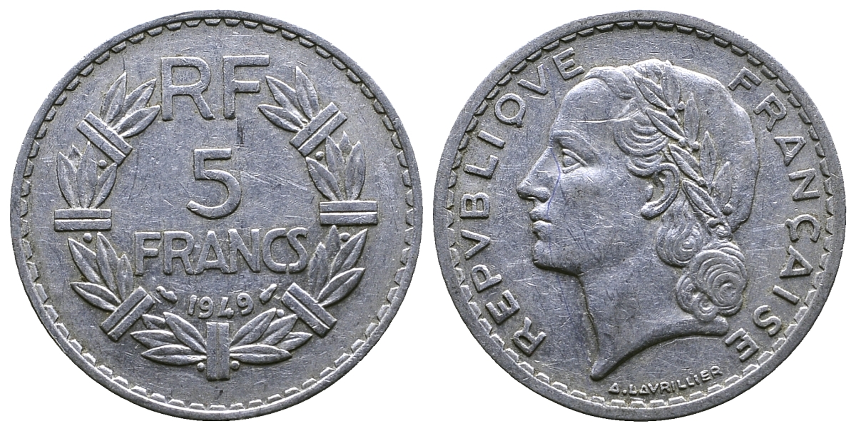 Франция 5 франков 1949 тип Лаврийе KM 888b.1, LE FRANC 339.17 алюминий 4364-4326
