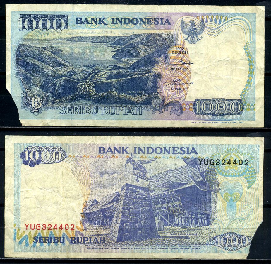 Индонезия 1000 рупий 1992/1997 озеро Тоба Pick 129f бумага 8602-20-1-2
