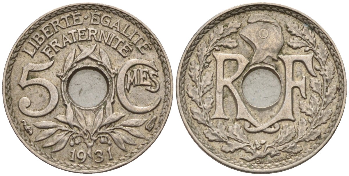 Франция 5 сантимов 1931 тип Линдайё KM 875, Le Franc 122.14 медно-никель 4596-617